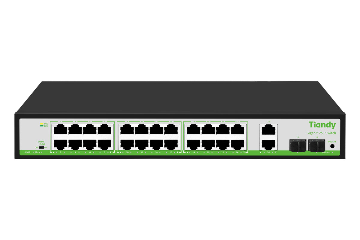 TIANDY TC-P3S028 Spec:G/2422/AT/280 24 Port Yönetilmeyen PoE Switch (24G+2G Uplink+2G SFP)