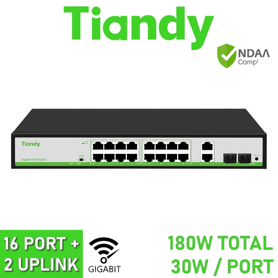 TIANDY TC-P3S020 Spec:G/1622/AT/180 16 Port Gigabit PoE Switch (16x 10/100/1000M PoE, 2x Gigabit Uplink, 2x Gigabit SFP)